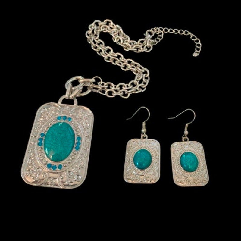 Southwestern Style Floral Etched Costume Silver & Mock Turquoise Rectangle Pendant Necklace & Drop Earring Set