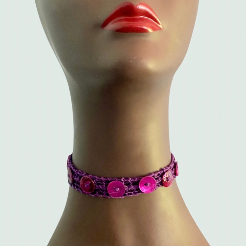 Magenta Purple Shell Button Embellished Purple Handknit Cotton Choker Necklace