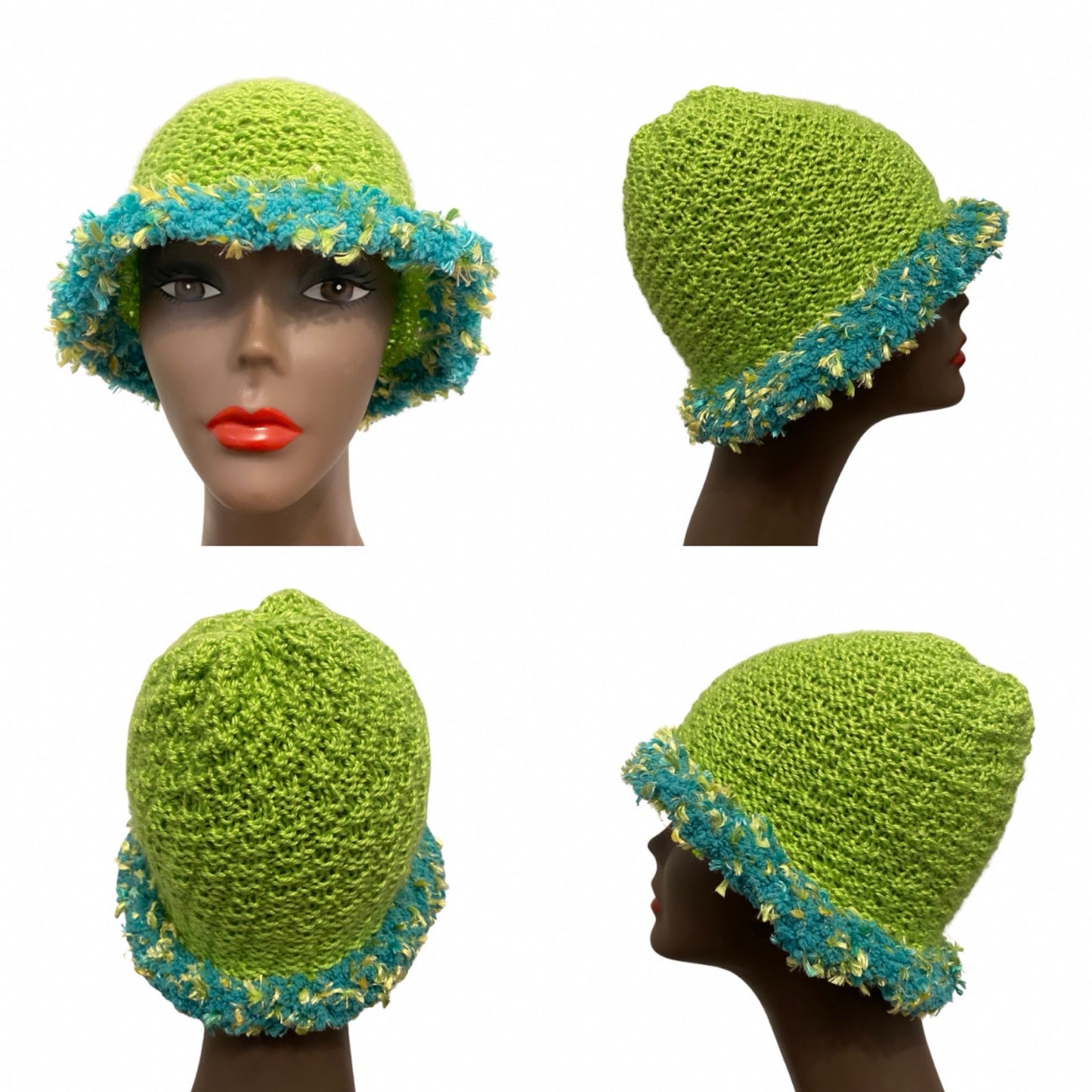 Mossy Lime Green & Teal Fuzzy Trim Bucket Hat (L)