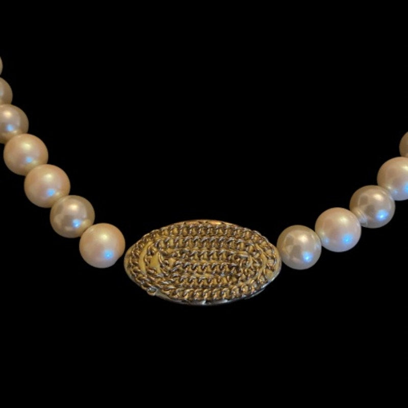 Oval Bronze Accent Mock Pearl Necklace | Handmade with Vintage Beads