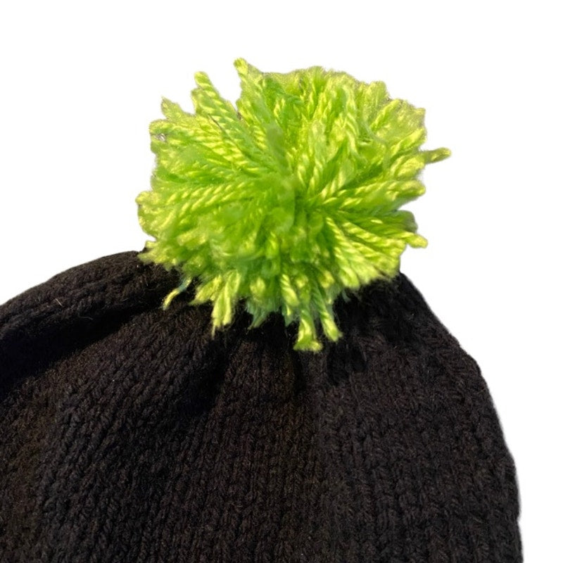 Black & Lime Green Pom Pom Knit Beanie (L)