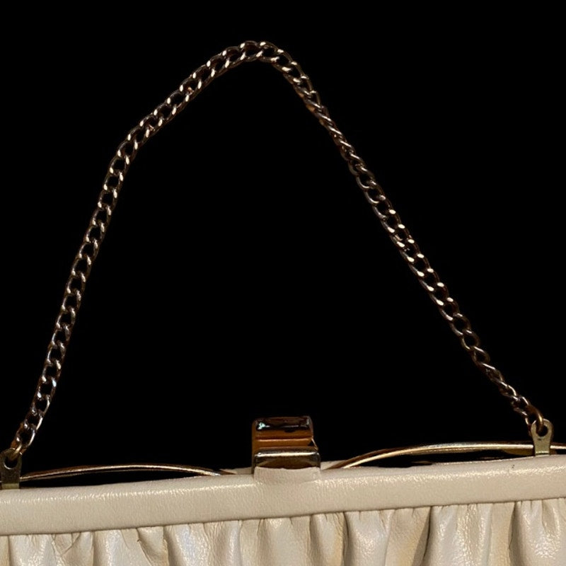 Vintage Beige Faux Leather Frame Clutch with Silver Chain Handle