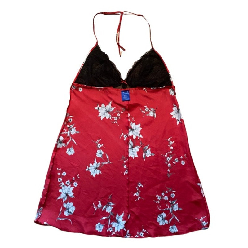 Y2K Black, Red, & White Satin Floral Halter Top Night Dress (L)