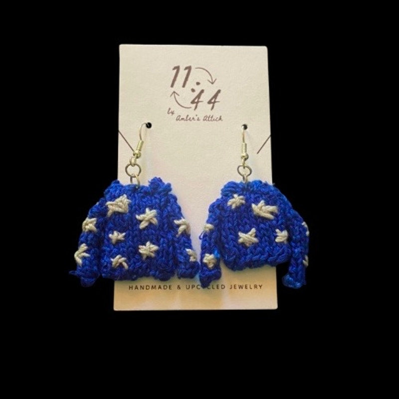CORALINE Star Embroidered Blue Sweater Earrings | Handknit with Cotton Thread