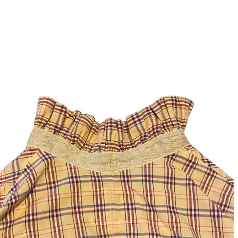 NWT Oversized Peach/Burgundy/Tan Plaid Ruffle Collar Long Sleeve Cotton Shirt (M)