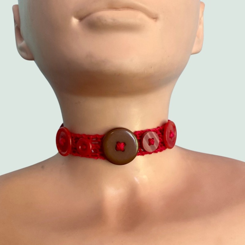 Red/Brown Button Embellished Handknit Cotton Choker Necklace