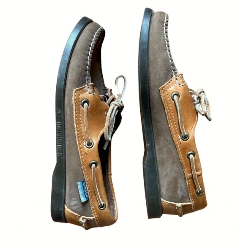 Two-toned Dark Grey/Cognac Brown Leather Sebago Docksides Loafers with Rawhide Laces (Men’s 8.5)