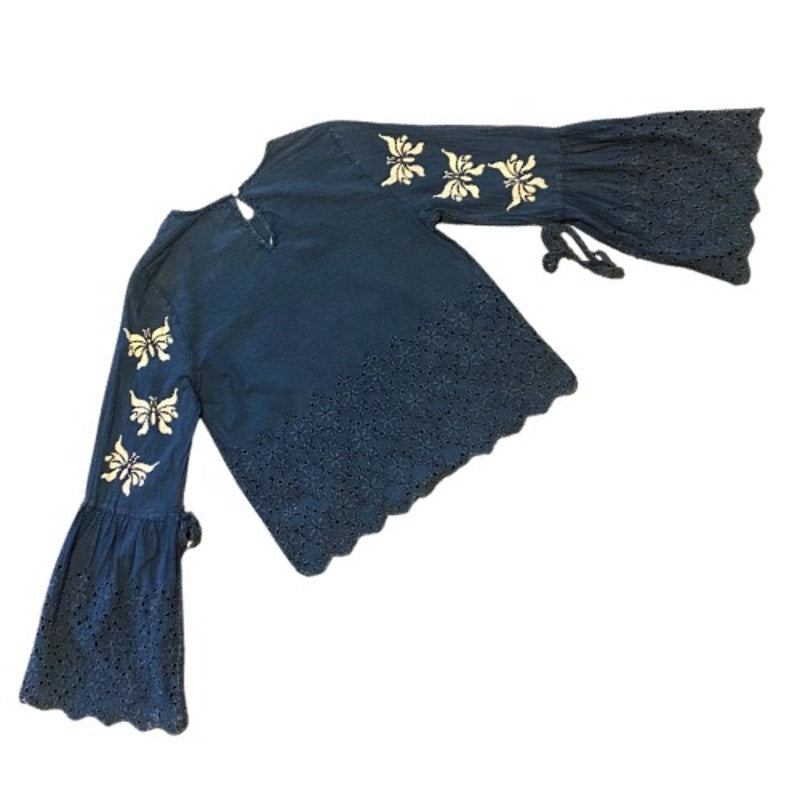 Breezy Indigo Blue & White Butterfly Bell Sleeve Lace Hem Cotton Blouse (M)