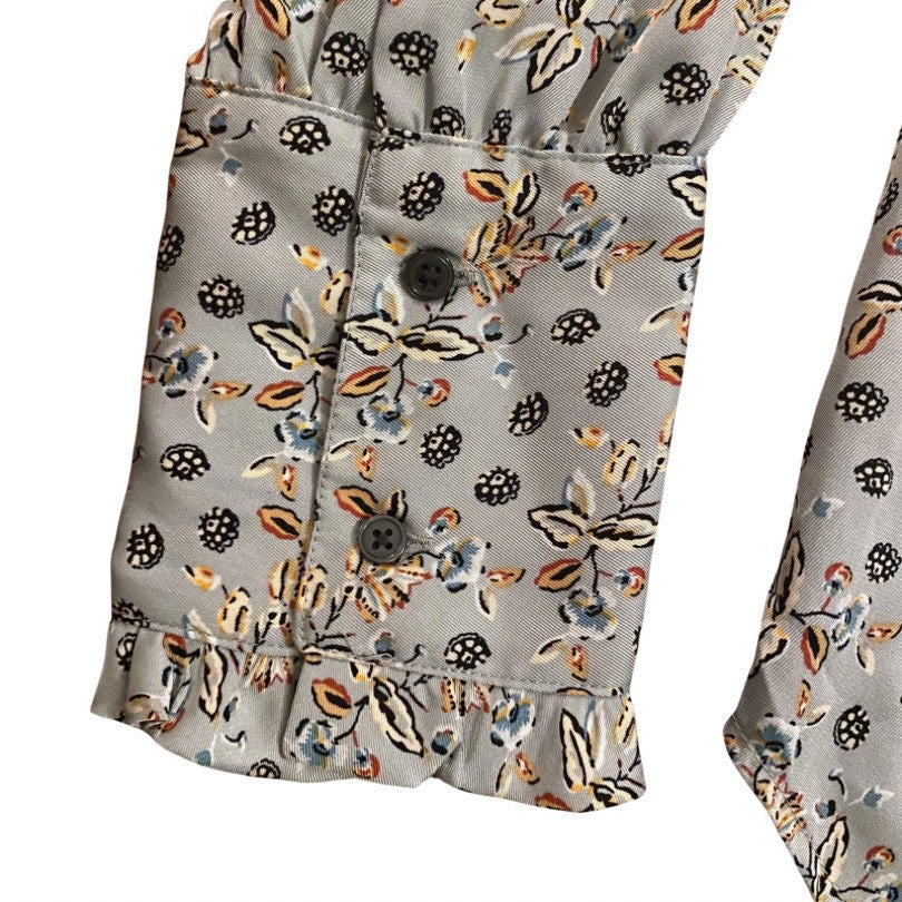 Ann Taylor Ruffle Icy Blue Harvest Floral Print Long-sleeve Blouse (L)