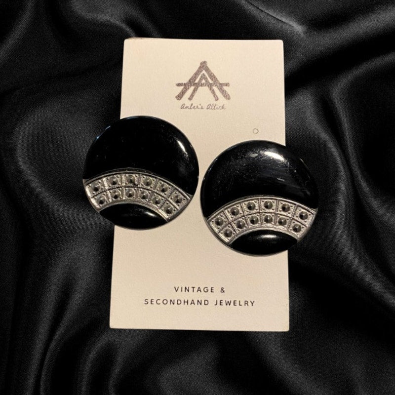 Vintage Art Deco Black and Silver Enamel Disc Earrings