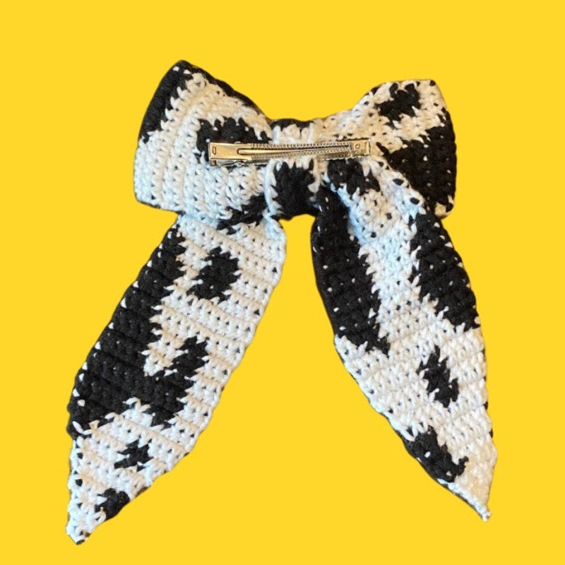 Black & White Cowprint Crochet Bow - Handmade Accessory with Removable Clip