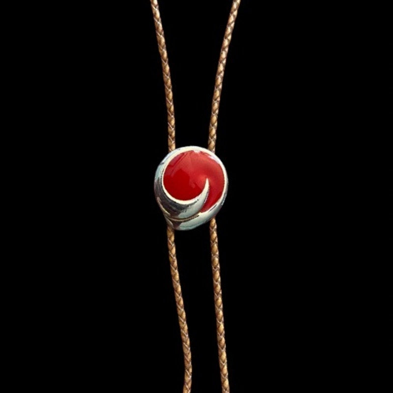 Red & Silver Swirl Camel Brown Leather Cord Bolo Tie
