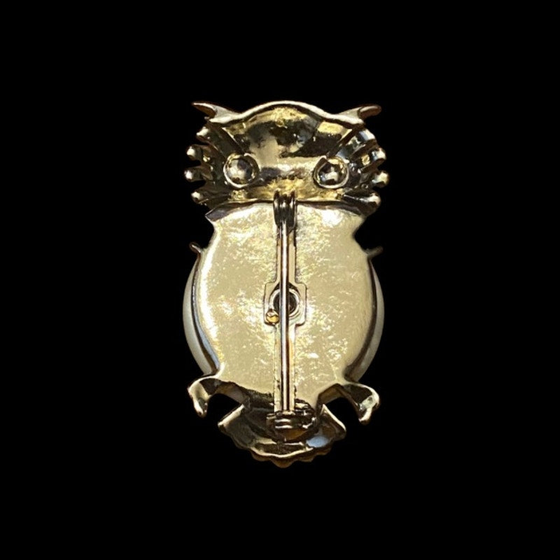 Vintage Pearly White “Jelly Belly” Gold Toned Green-Eyed Owl Brooch