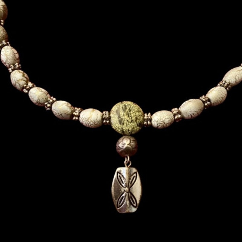 Upcycled Mint Green Marble & Silver Toned Metal Beaded Pendant Necklace