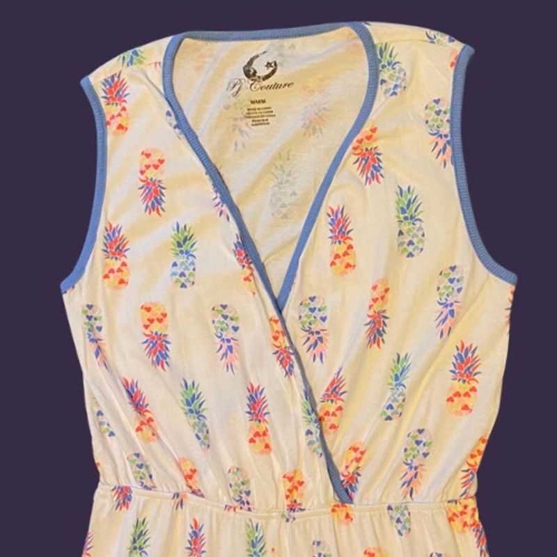 Y2K White/Multicolor Pineapple Print Sleeveless Jumpsuit Pajamas (M)