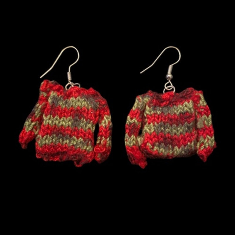KRUEGER Red & Green Striped Sweater Earrings | Handknit with Cotton Thread