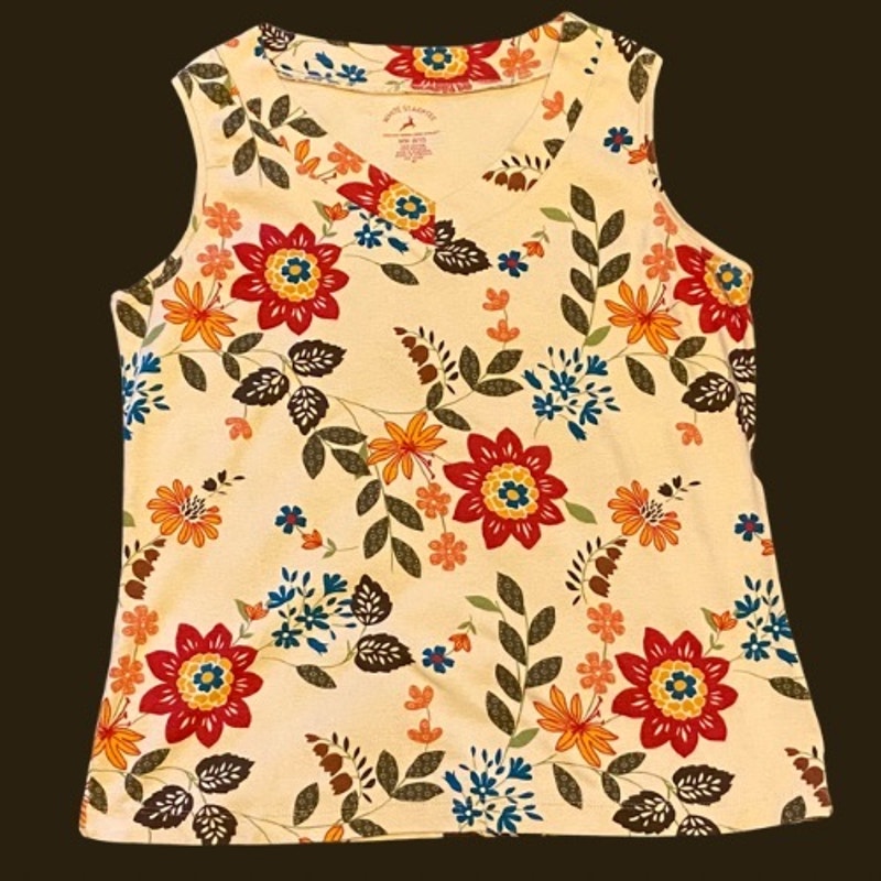 Cream/Red/Multi Floral Pattern V-Neck 100% Cotton Vest/ SleevelessTop (8-10)
