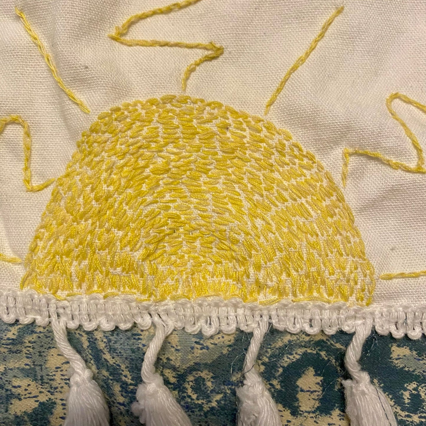 Embroidered Patchwork White/Yellow/Blue Beachside Sunset Tassel Hem Mini-Skirt (S)