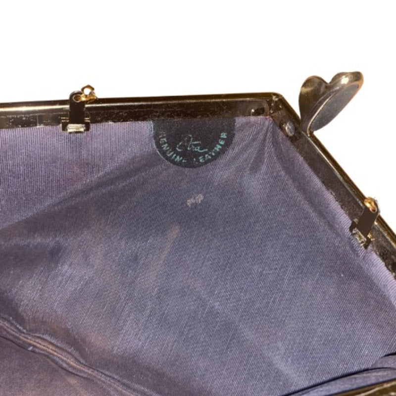 Vintage Large Black Suede Clutch/Evening Bag with Brass Clasp and Chain