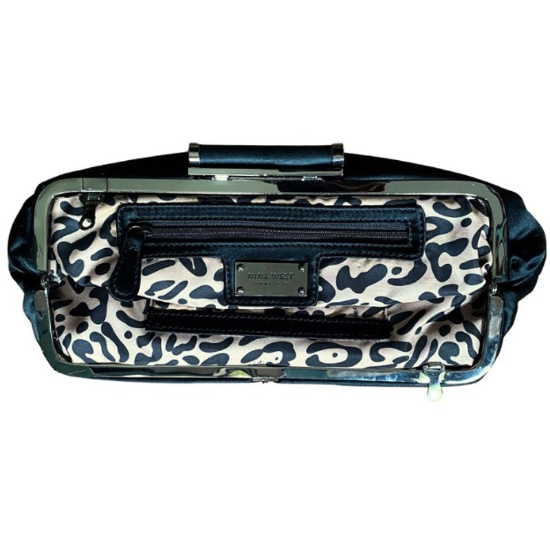 Y2K Cheetah Print Lined Pleated Black Satin Clutch/ Crossbody with Silver Chain Strap
