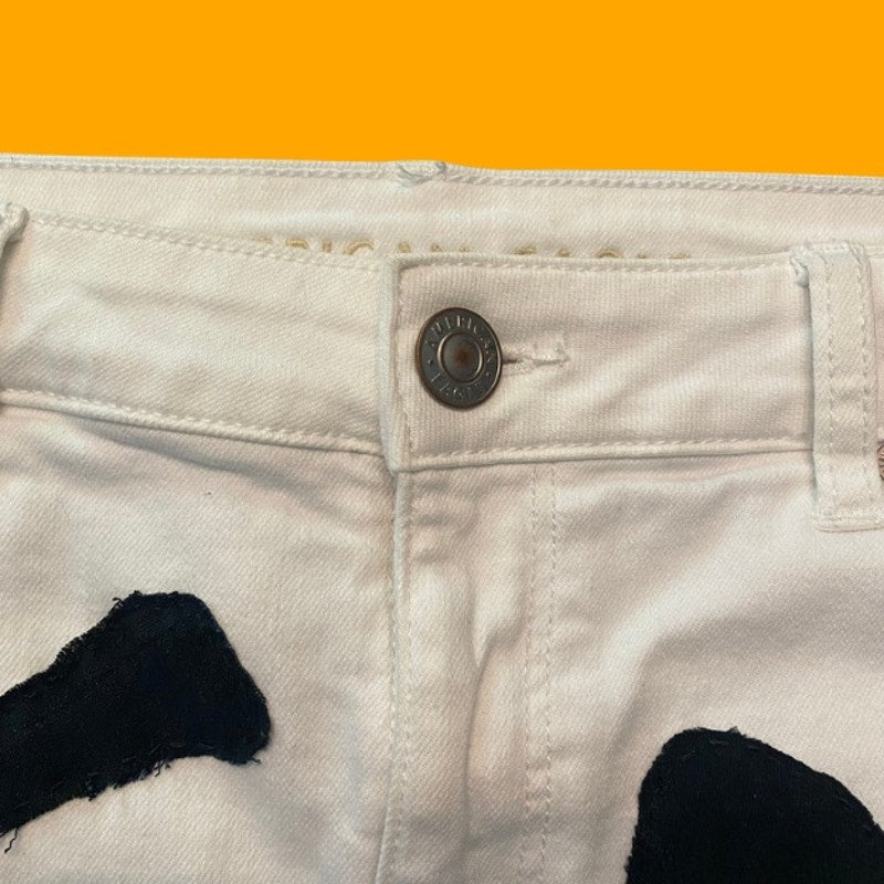Upcycled White and Navy Blue Cowprint Stretch Denim Mini Skirt (16)