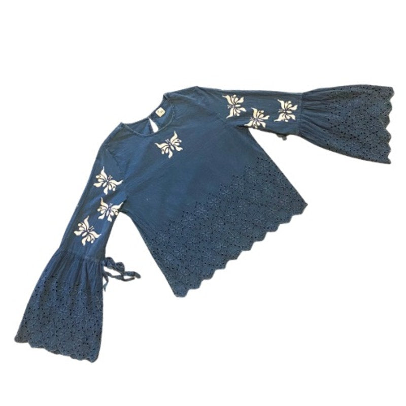 Breezy Indigo Blue & White Butterfly Bell Sleeve Lace Hem Cotton Blouse (M)