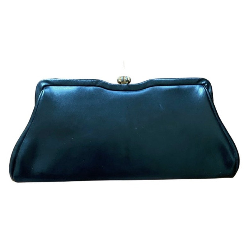Vintage 60’s Black Faux Leather Frame Bag Clutch with Mixed Metal Starburst Clasp