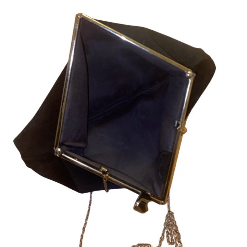 Vintage Large Black Suede Clutch/Evening Bag with Brass Clasp and Chain