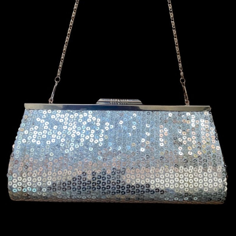 Y2K Silver Disco Sequined Clutch/ Frame Bag with Silver Chain Strap