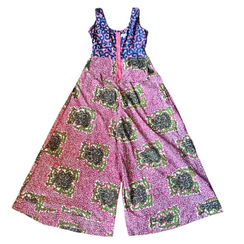 Vibrant Hot Pink, Royal Blue, Lime Green Abstract Ankara Print Wide-Legged Sleeveless Cotton Jumpsuit (M)