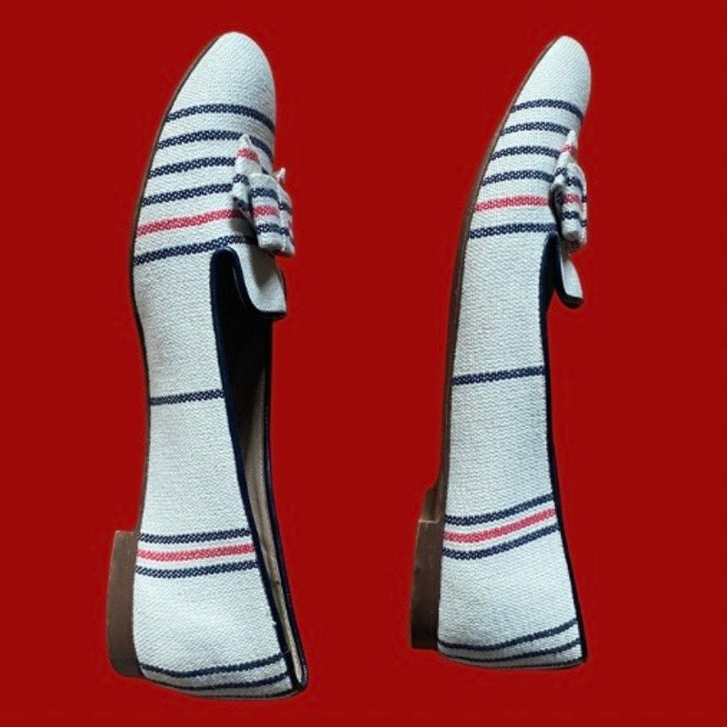 J. Crew White Blue & Red Woven Bow Detail Striped Canvas Leather Loafers (8)