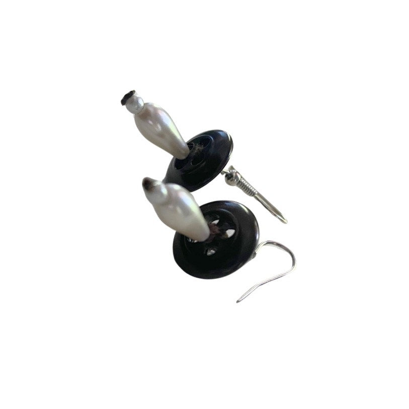 Dark Brown Vintage Pearl Bead & Button Mushroom Earrings (Silver)
