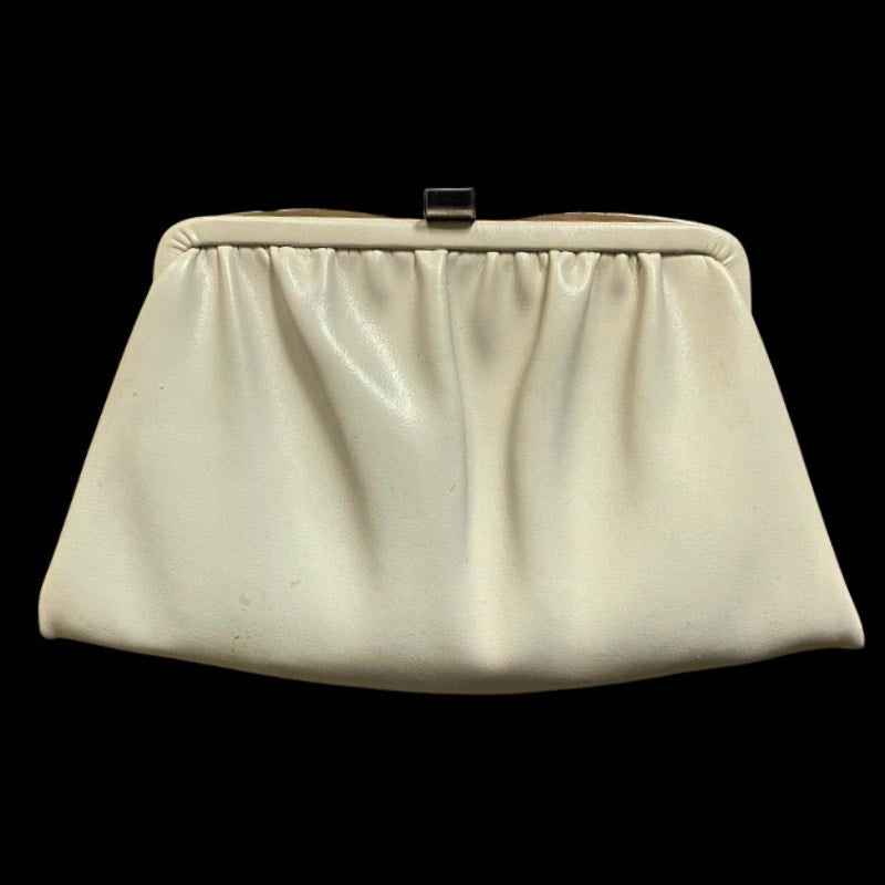 Vintage Beige Faux Leather Frame Clutch with Silver Chain Handle