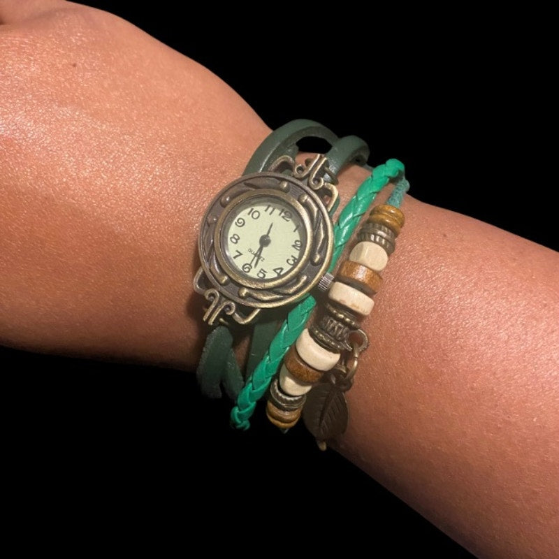 Earthy Green Leather Watch Bracelet with Wood Beads Bronze Feather Charm