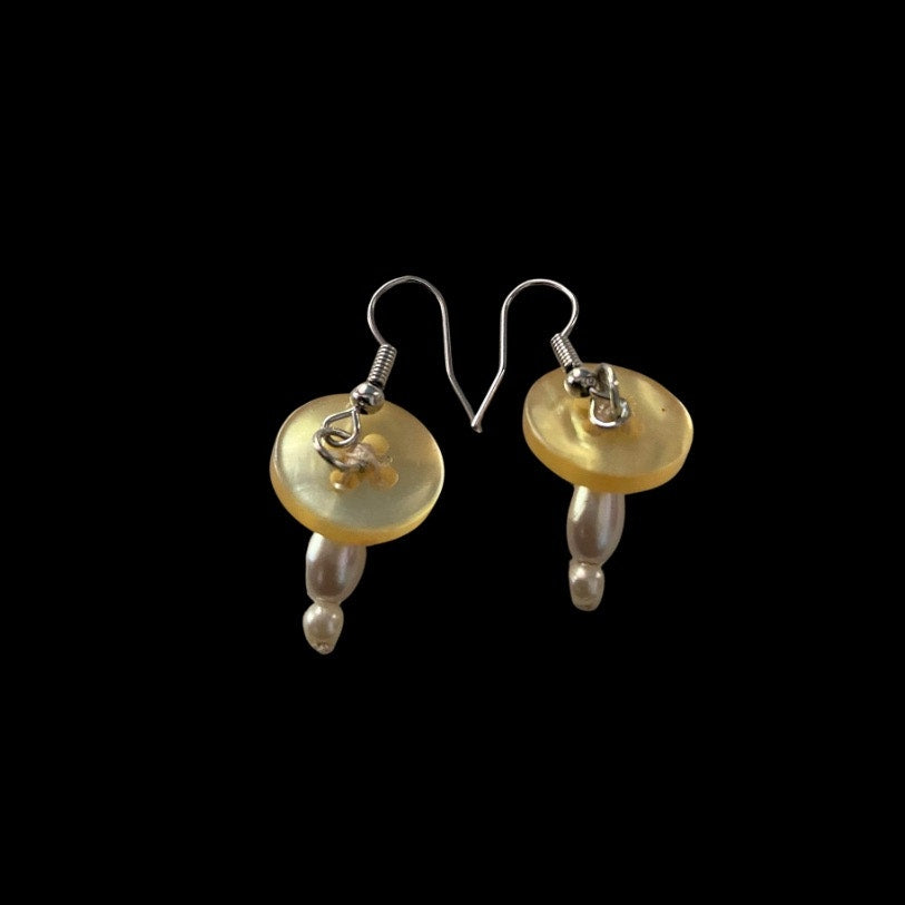 Yellow Vintage Pearl Bead & Button Mushroom Earrings