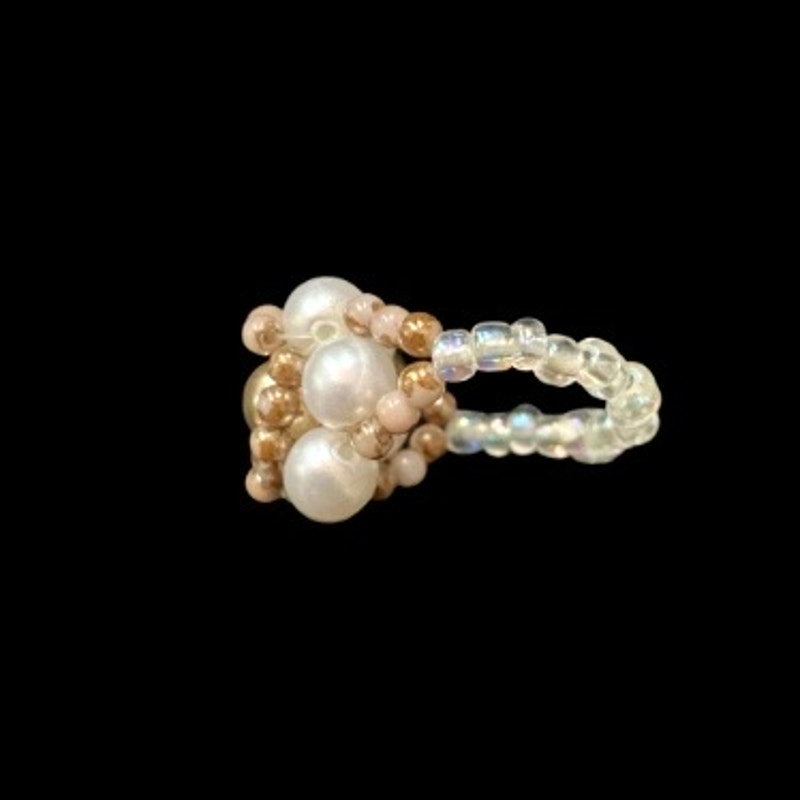 Dainty Vintage Brown/Gold/White Faux Pearl Beaded Flower Ring (5)