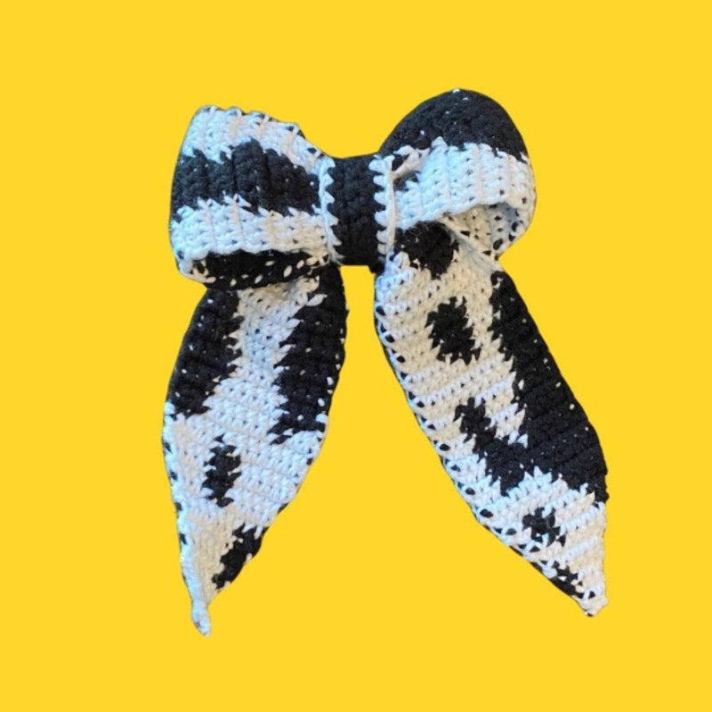 Black & White Cowprint Crochet Bow - Handmade Accessory with Removable Clip