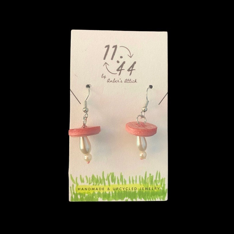 Pink Vintage Pearl Bead & Button Mushroom Earrings
