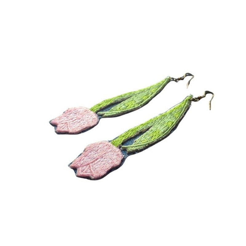 Upcycled Vintage Yellow Tulip Embroidered Patch + Denim Earrings (Upside Down)