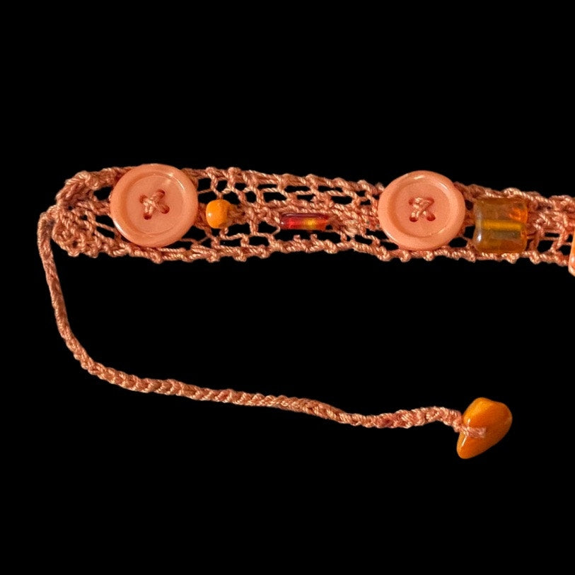 Orange Button Embellished Handknit Cotton Choker Necklace