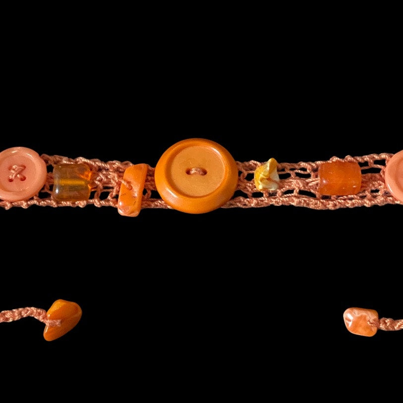 Orange Button Embellished Handknit Cotton Choker Necklace