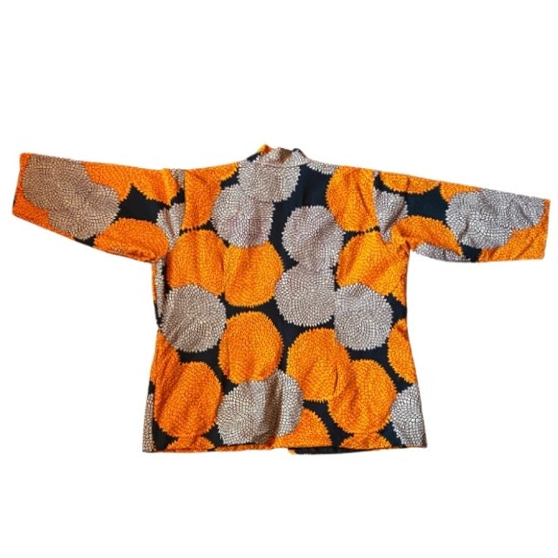 Orange/ Black/ Beige Chrysanthemum Ankara Print Print Open-Front Cotton Jacket (L)