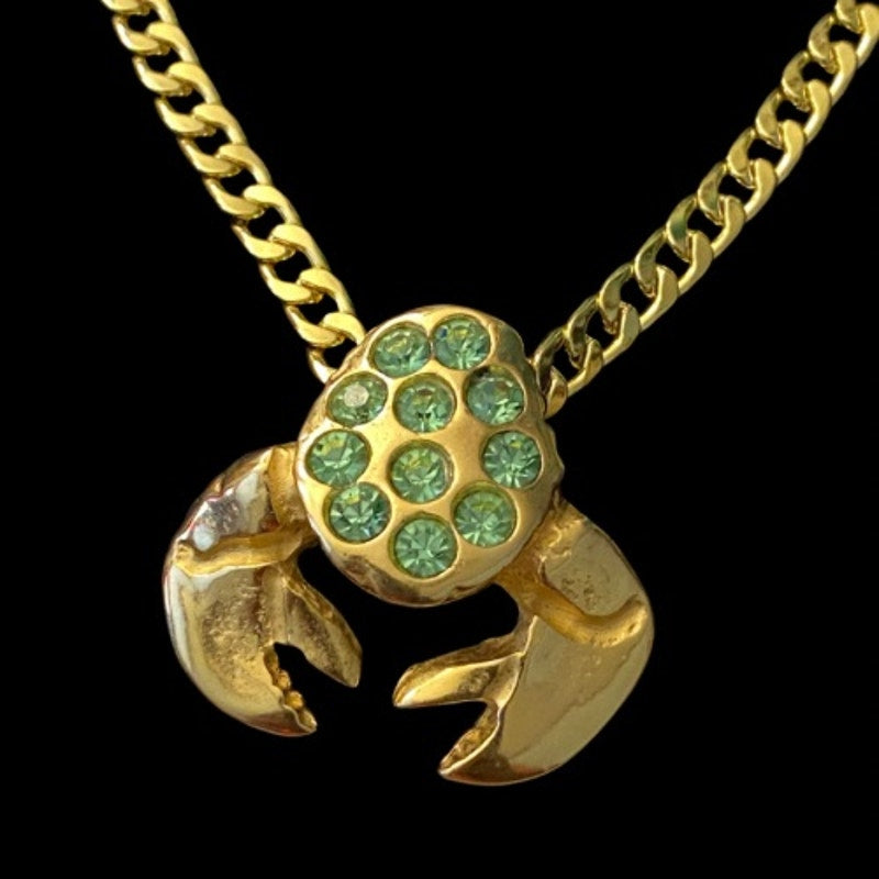 Emerald Rhinestone Studded Crab Pendant Stamped 18 Karat Yellow Gold Chain Necklace
