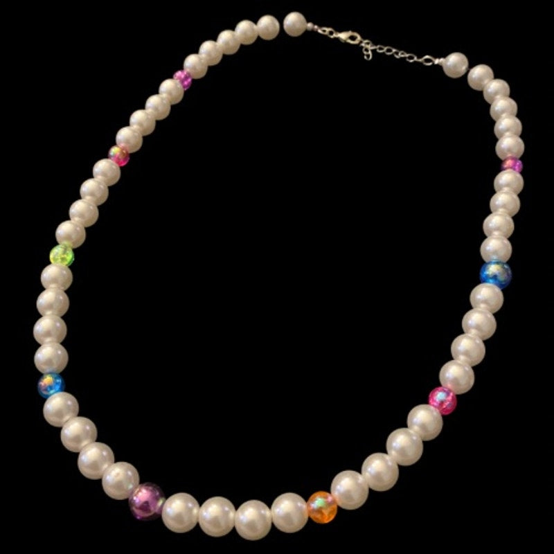 Multicolor Candy Chrome Mock Pearl Necklace | Handmade with Vintage Beads