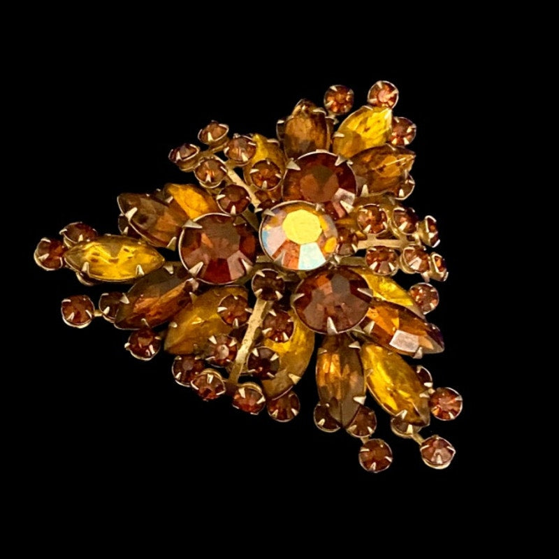 Large 1960’s Vintage Triangular Honey Brown Amber Topaz Rhinestone Brooch