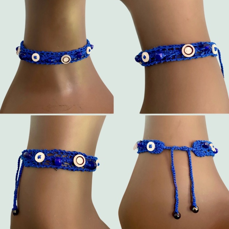 Black and White Button Embellished Royal Blue Handknit Cotton Choker Necklace