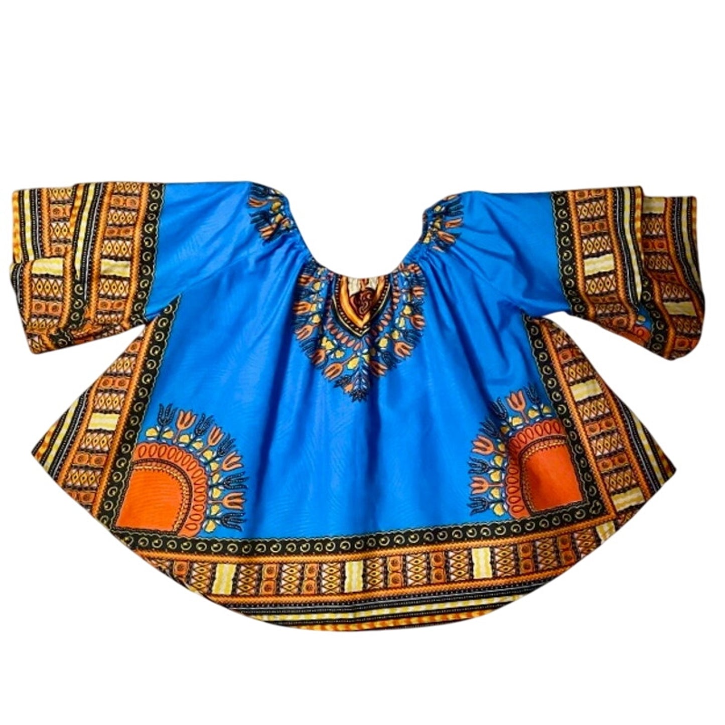Off Shoulder Breezy Blue/Orange Ankara Dashiki Print Blouse (Fits up to 2X)