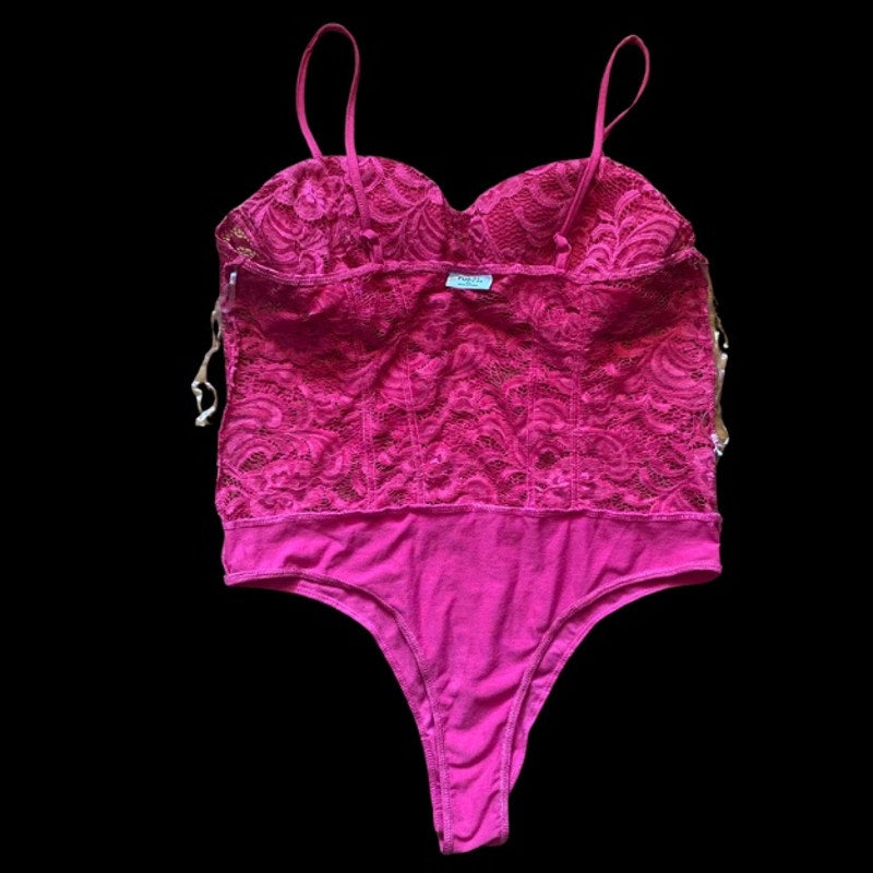 Hot Pink Lace Spaghetti Strap Bustier Bodysuit (XL)