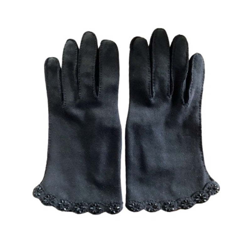 1960’s Crescendoe Vintage Ladies Beaded Black Suede Leather Tailored Gloves (Small)