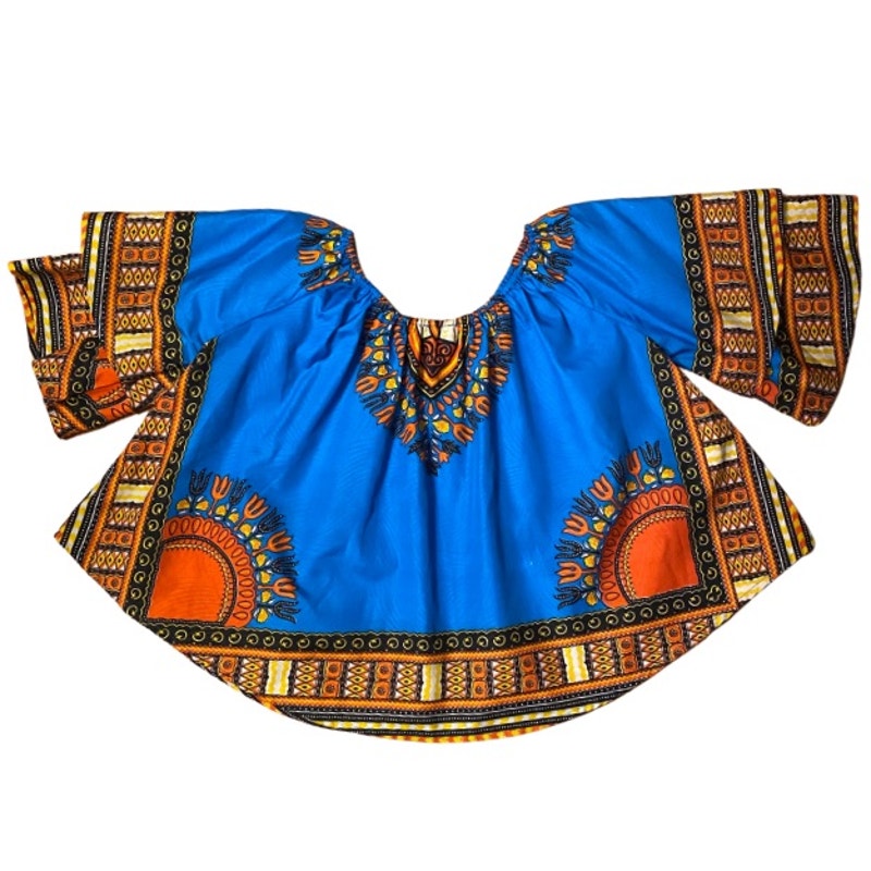 Off Shoulder Breezy Blue/Orange Ankara Dashiki Print Blouse (Fits up to 2X)
